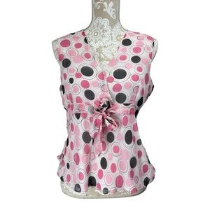Anne Carson Size Large Babydoll Tank Top Polka Dots 100% Silk Chiffon Sleeveless